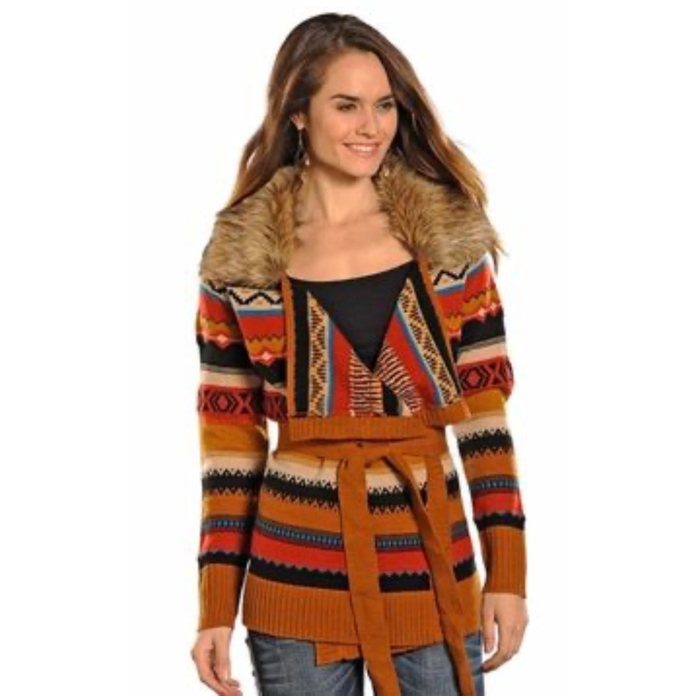 Powder River Outfitters Faux Fur Geometric Multicolor Belted Cardigan Women's M